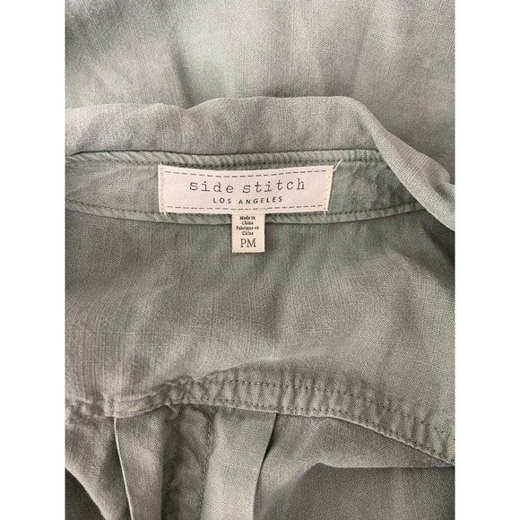 Side Stitch Olive Green‎ Size Petite Medium Button Up Adjustable Sleeve Blouse - Picture 6 of 7